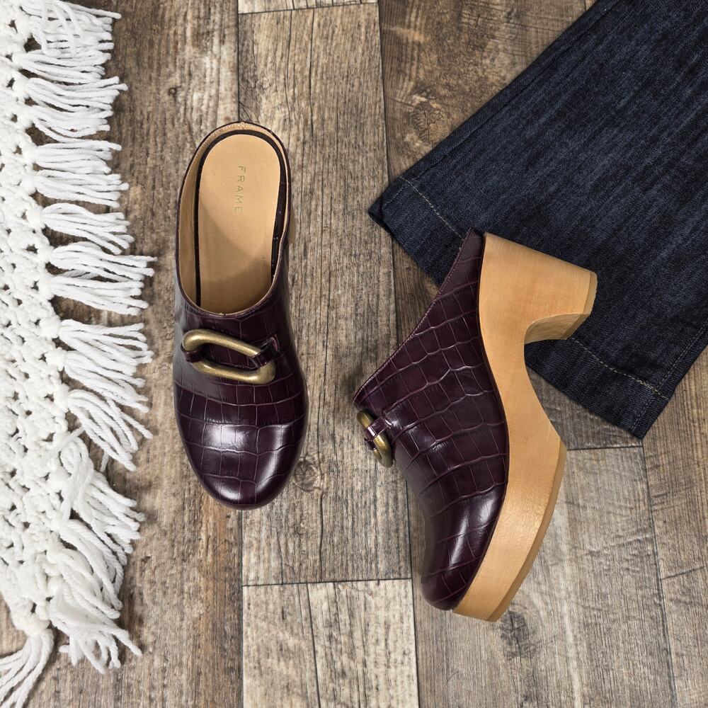 FRAME Burgundy Croc Platform Clogs EU 39 Buckle Wood Heel Mules 39/US 8.5 Boho